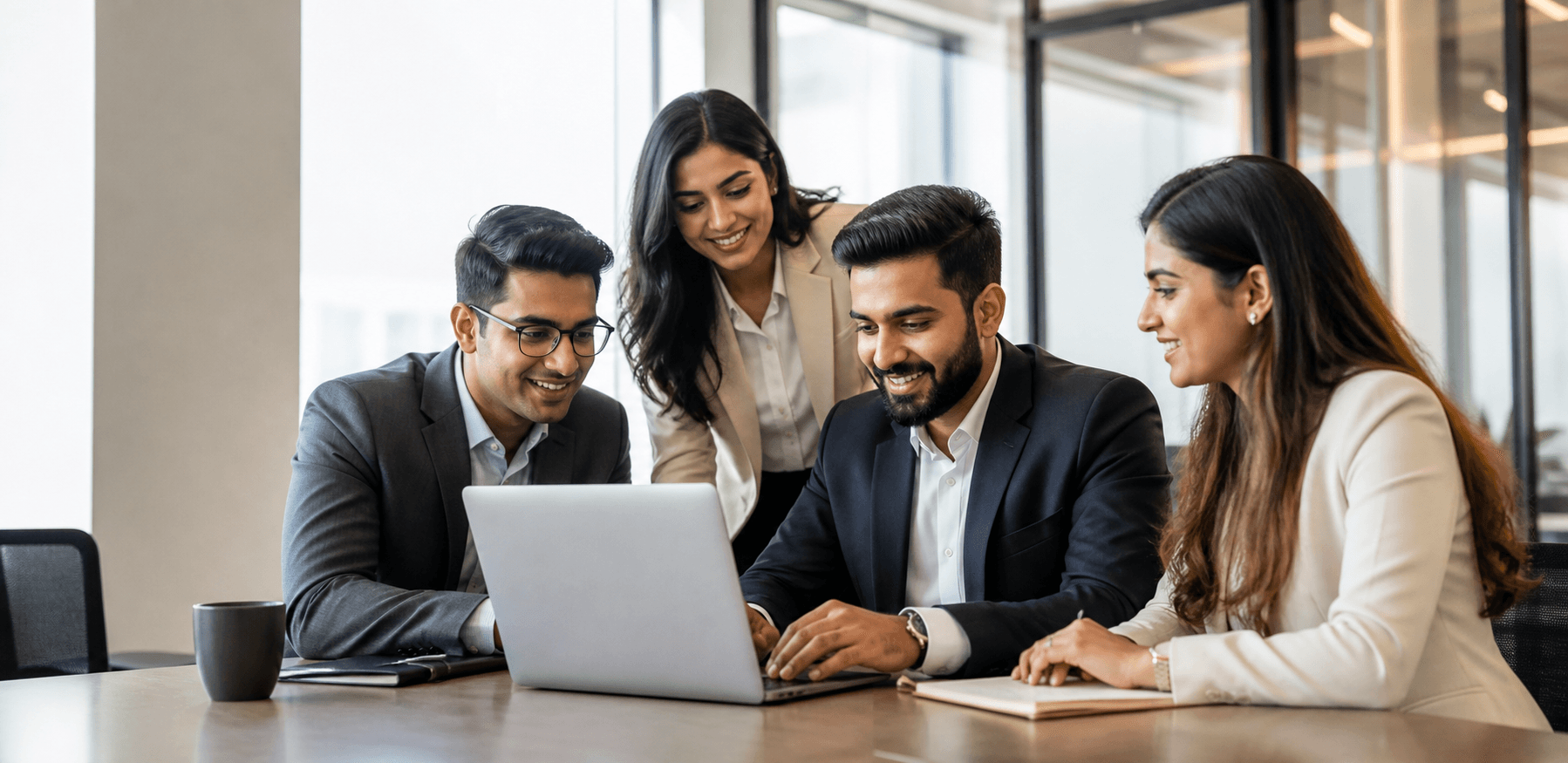Business team collaborating around a laptop